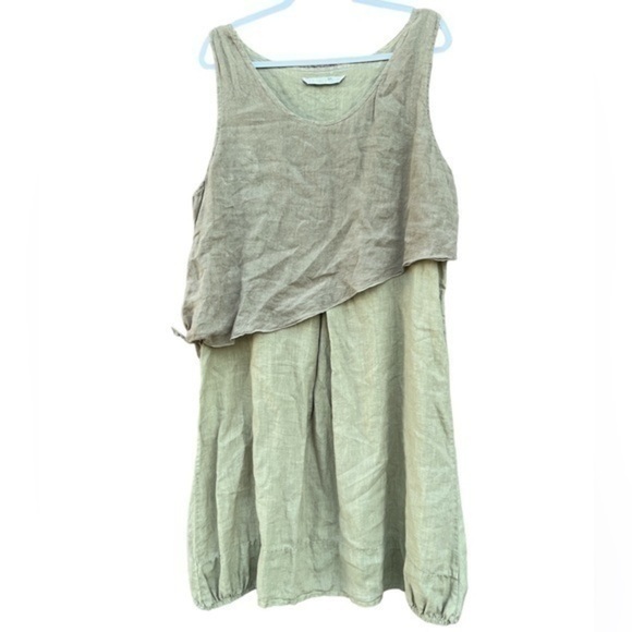 Luna Luz 100% Linen Dress Sz Large Womens Overlay Neutral Earthy Green Lagenlook - Picture 1 of 15